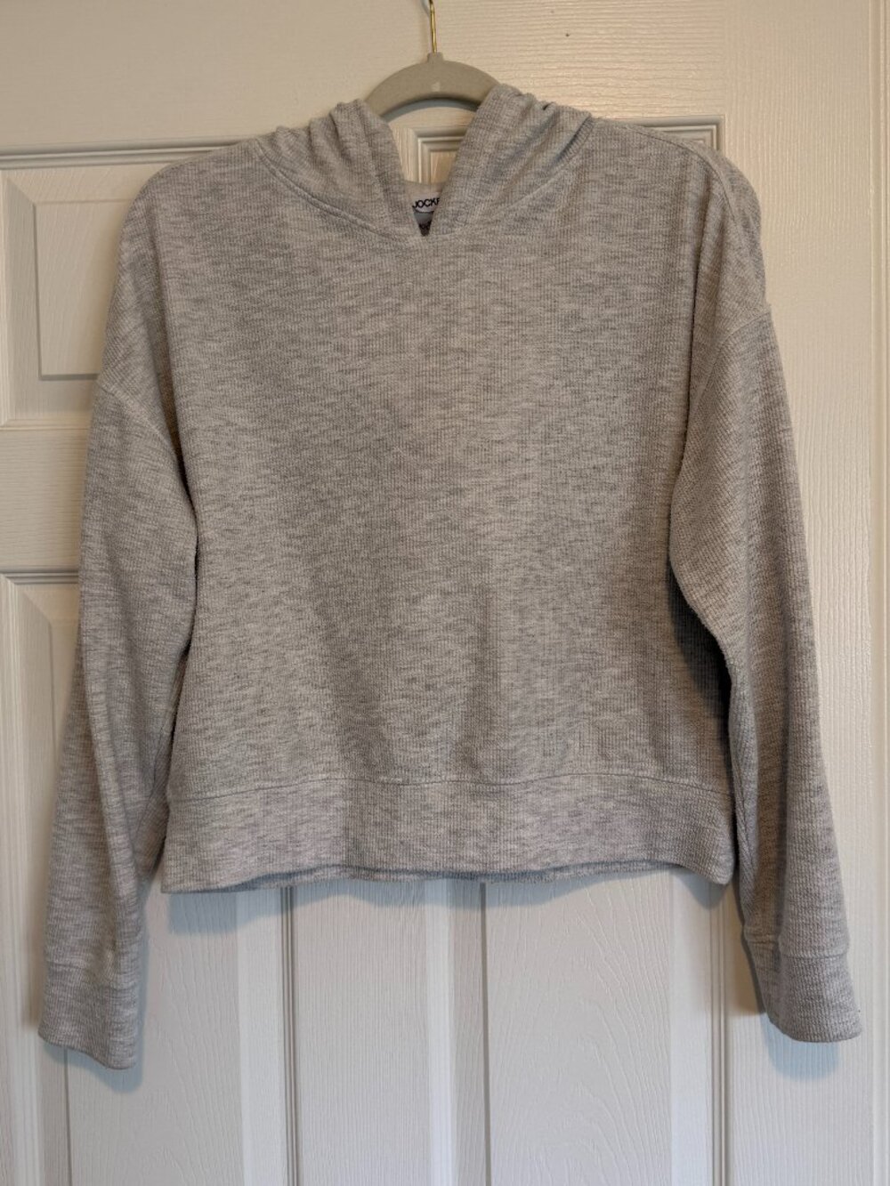 Jockey Light Heather Gray Ribbed Knit Cropped Pullover Hoodie Size S